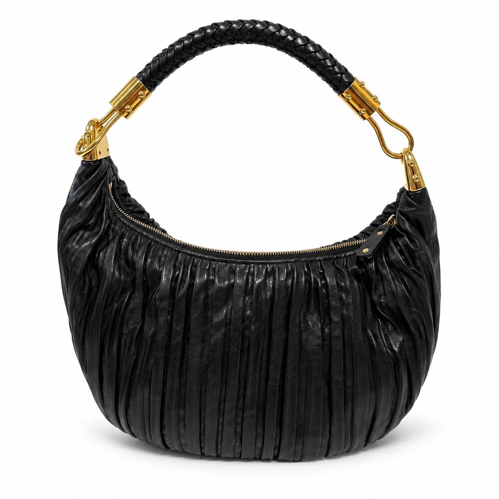 Michael Kors Collection Skorpios Pleated Hobo Bag Black Leather Gold Hardware